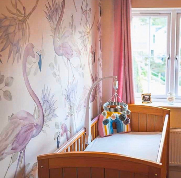 Pink flamingo watercolor wallpaper featuring tropical birds and botanical elements, printed on premium removable wallpaper material, easy to install.