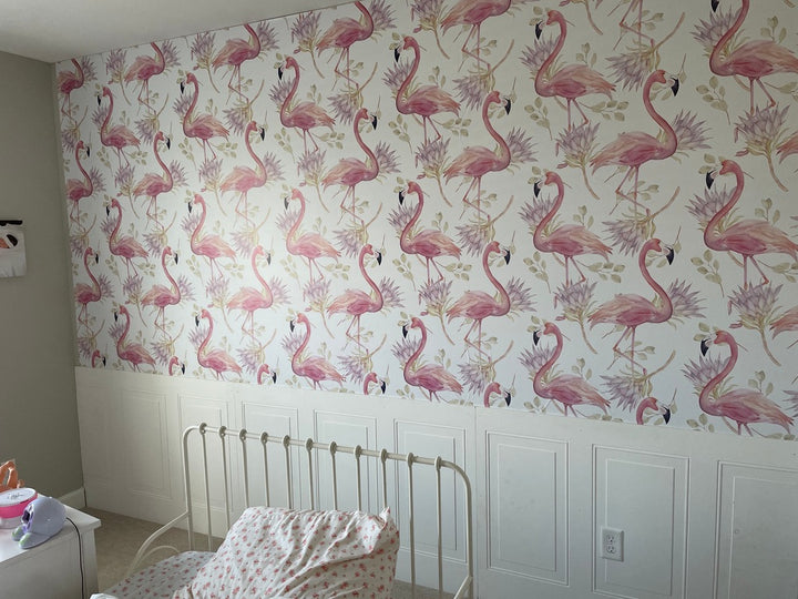 Hand-painted pink flamingo wallpaper with floral accents, removable and eco-friendly, perfect for nurseries, bedrooms, or boho-inspired interiors.