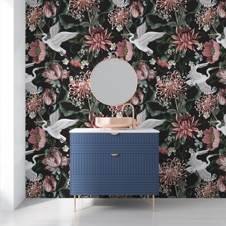 Elegant Chinoiserie-style wallpaper featuring white cranes, blooming florals, and a dark background