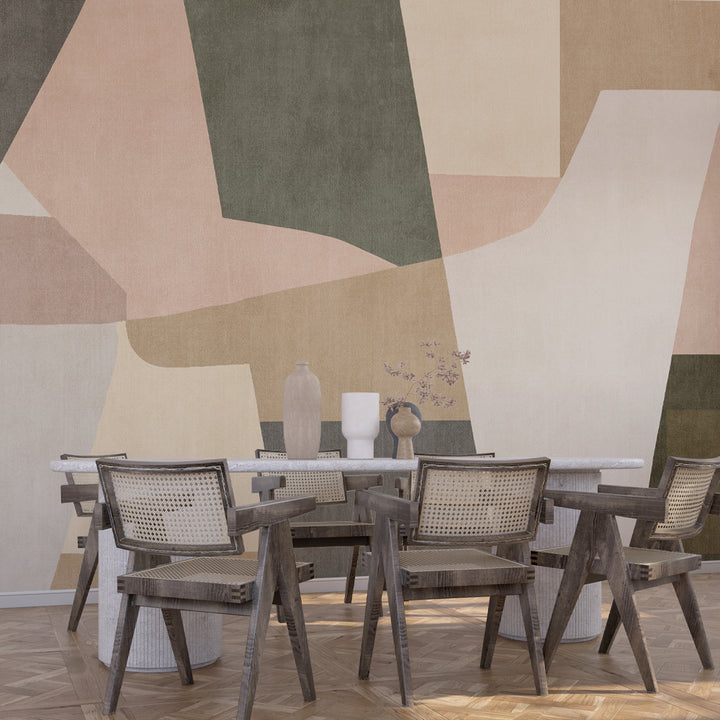 Boho mid-century wall mural with abstract color blocks in a cozy children’s bedroom with playful decor.