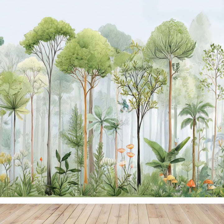 Serene watercolor tree wall covering in soft green tones. Misty woodland wallpaper with botanical details