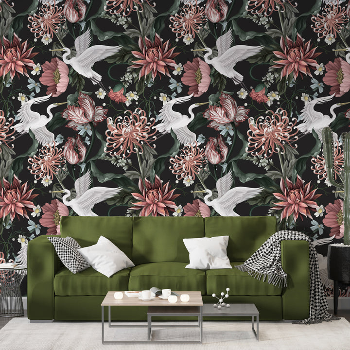 Luxurious floral and bird wallpaper mural with intricate cranes and botanical details on a black backdrop