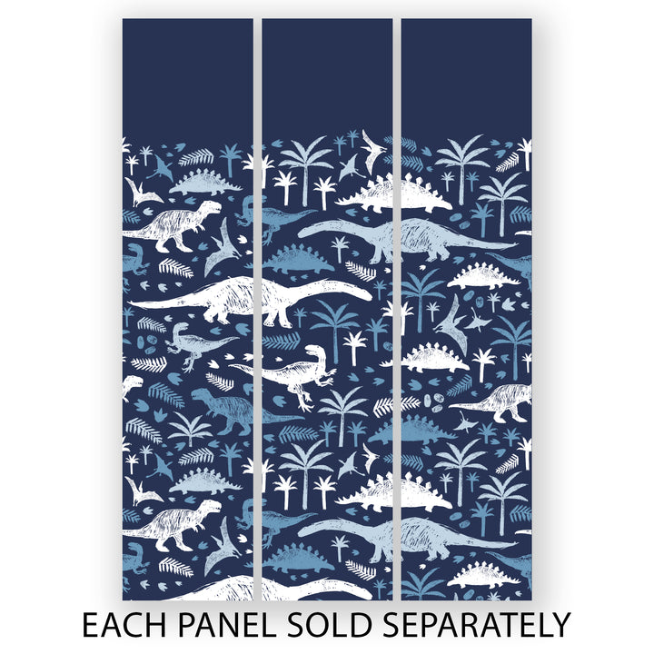 Playful dino pattern wallpaper in shades of blue and white, perfect for kids' rooms and nurseries.