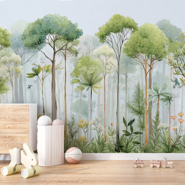 Watercolor forest wallpaper mural with tall green trees and soft mist background