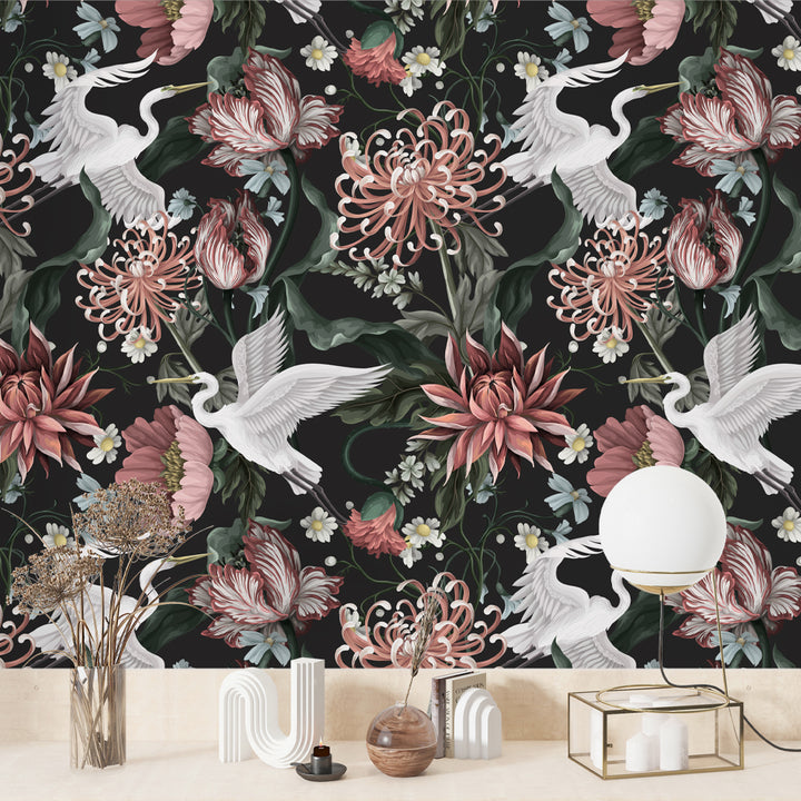 Heron Asian Wallpaper, Crane Bird Wallpaper, Bird Floral Wallpaper, Crane Bird Chinoiserie Wallpaper, Chinese Birds Wallpaper