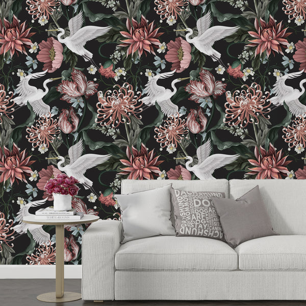 Elegant Chinoiserie-style wallpaper featuring white cranes, blooming florals, and a dark background