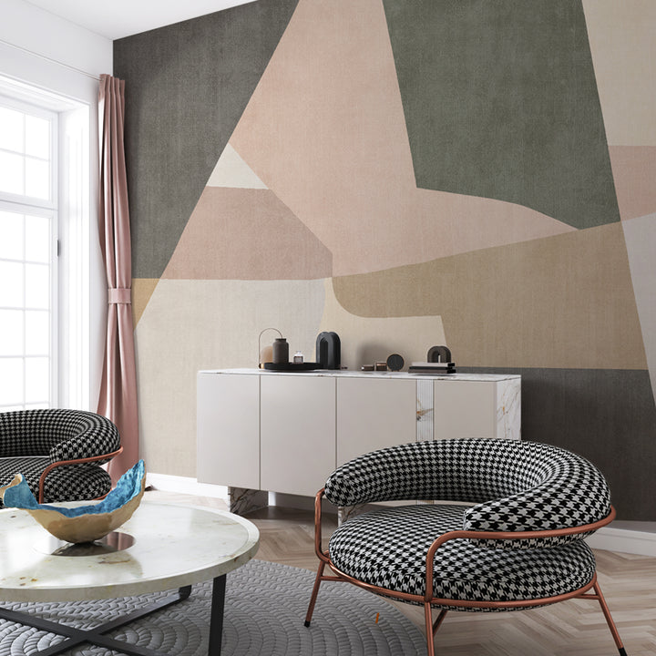 boho geometric wallpaper, mid-century modern wall mural, soft abstract peel and stick wallpaper, neutral tone nursery wallpaper, modern boho wall art, pastel abstract wall mural, Scandi style wallpaper, minimalist geometric mural, soft color block wallpaper, earth tone wall covering