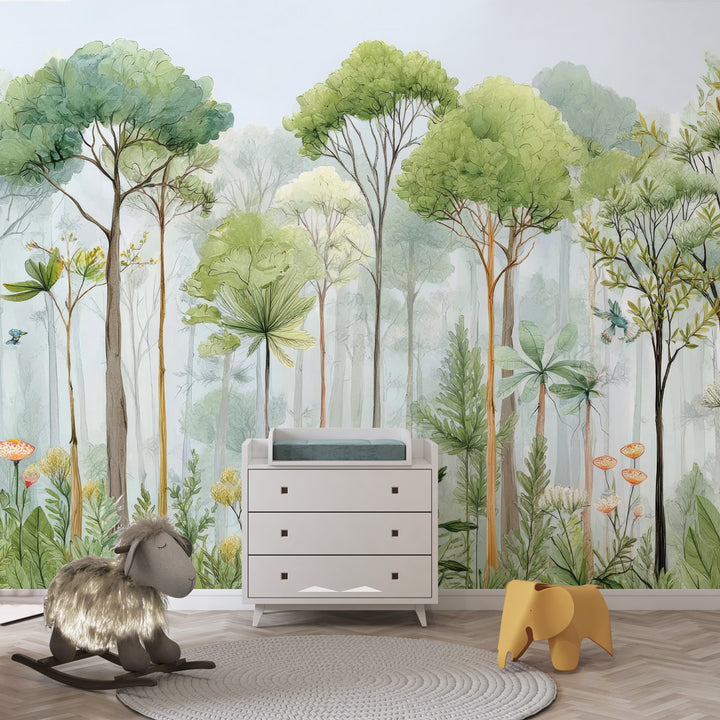 Green watercolor trees wallpaper with nature foliage design