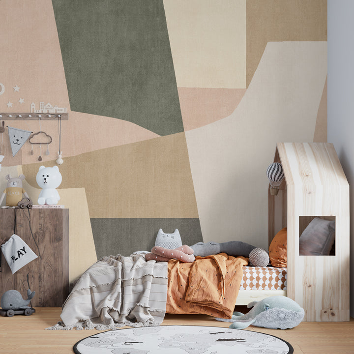 boho geometric wallpaper, mid-century modern wall mural, soft abstract peel and stick wallpaper, neutral tone nursery wallpaper, modern boho wall art, pastel abstract wall mural, Scandi style wallpaper, minimalist geometric mural, soft color block wallpaper, earth tone wall covering