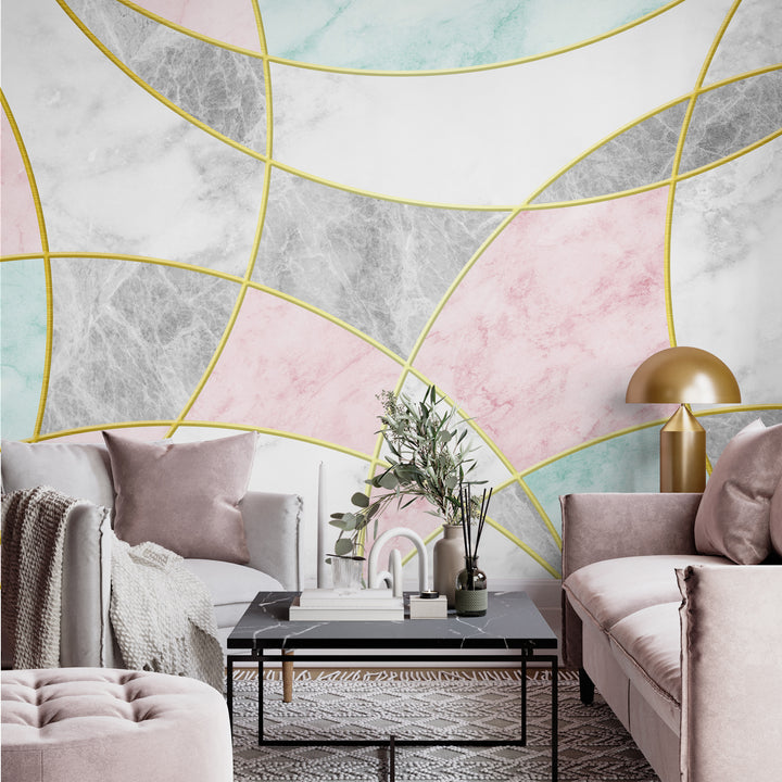 geometric marble wallpaper, pink and gold wall mural, abstract marble wall design, luxury pastel wallpaper, modern geometric wallpaper, elegant nursery wall mural, marble effect wallpaper, stylish bedroom wall décor, pastel aesthetic wallpaper, unique statement wall mural