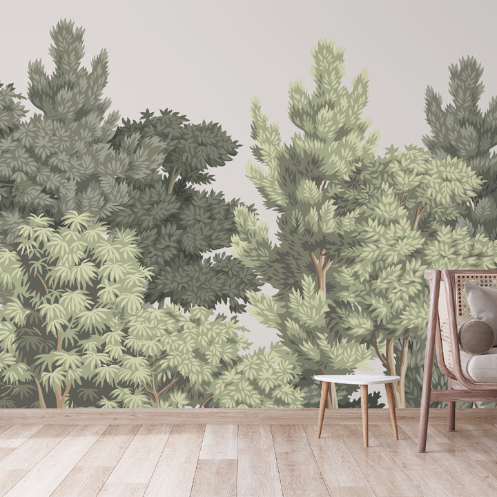 forest wallpaper mural, nature-inspired wall décor, botanical wallpaper, evergreen tree wall mural, woodland wallpaper for living room, green foliage wall décor, scenic forest wall art, calming nature-themed wallpaper, modern botanical wall mural, serene tree wallpaper
