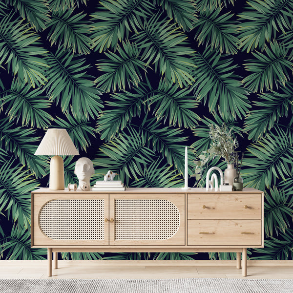 Green palm leaf wallpaper pattern on a midnight blue background, tropical yet elegant, removable and easy to install, eco-friendly and stylish.