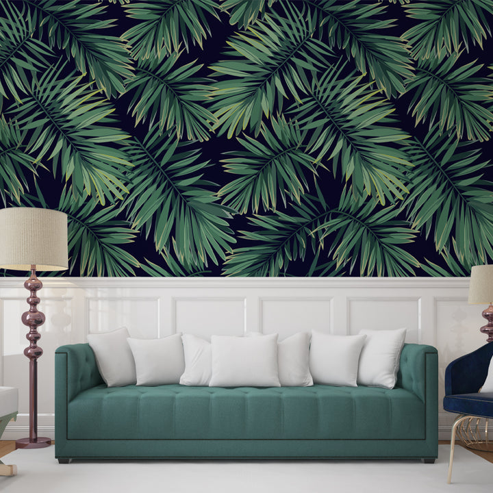 Lush green palm leaf wallpaper for modern homes, printed on eco-friendly material, removable peel and stick or pre-pasted for effortless installation.