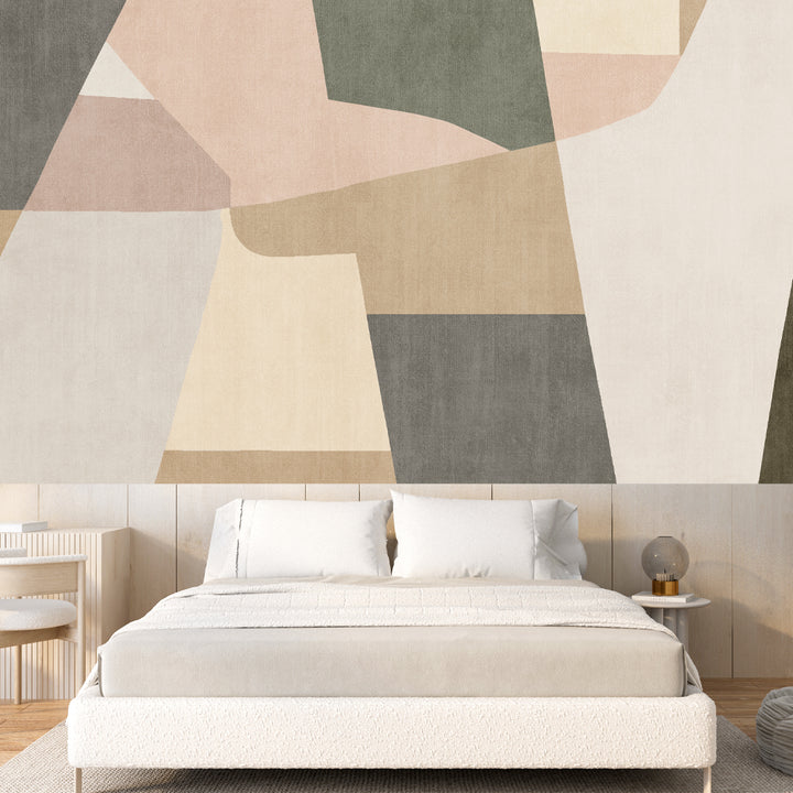 An abstract wallpaper design featuring earthy tones of beige, green, and blush pink in a mid-century modern, boho-inspired style, perfect for enhancing minimalist interiors.