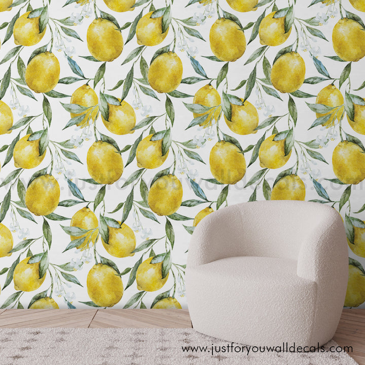 Lemon wallpaper, Citrus print décor, Kitchen wallpaper ideas, Watercolor lemons wallcovering, Fruit pattern wallpaper, Fresh lemon décor, Botanical wallpaper, Lemon grove pattern, Bright kitchen design, Yellow green wallpaper