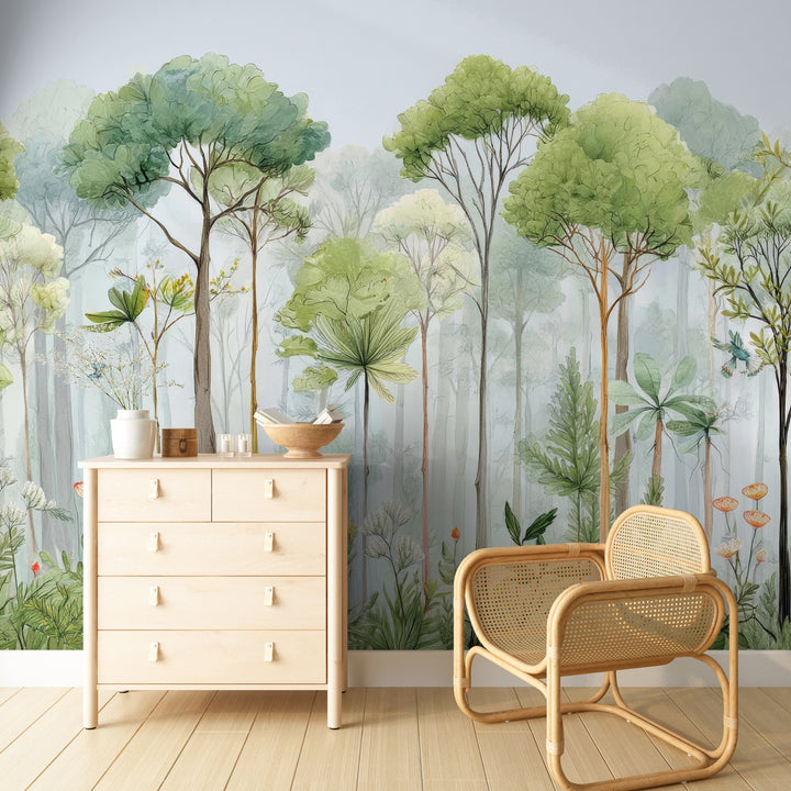 Tranquil woodland forest mural for baby nursery. Eco-friendly prepasted forest wallpaper for bedroom