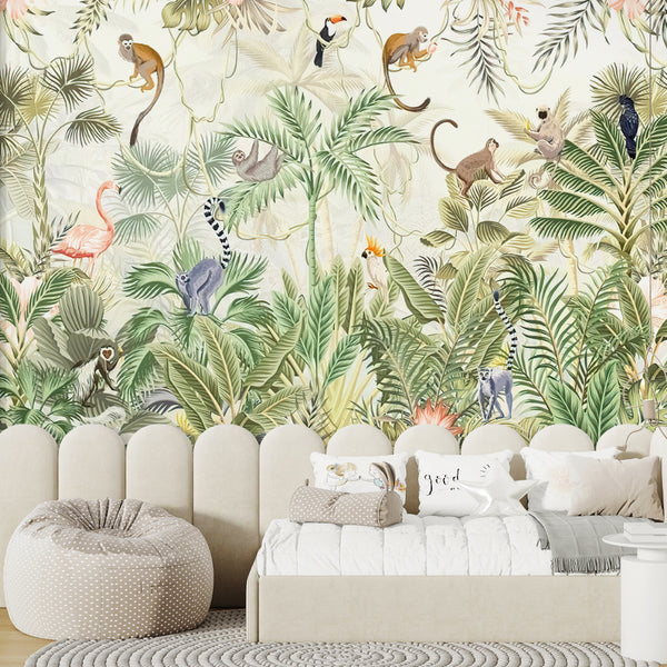 Jungle safari wallpaper with exotic animals and lush tropical greenery, kids nursery safari jungle animal removable peel and stick wallpaper
