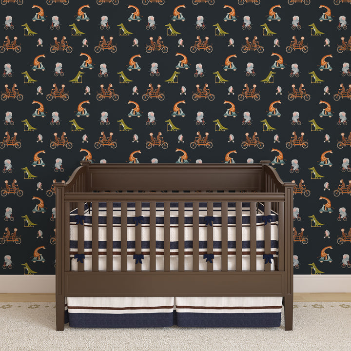 Whimsical dark nursery wallpaper with watercolor animals on bikes and scooters, including giraffes, elephants, monkeys, and crocodiles, removable and eco-friendly.