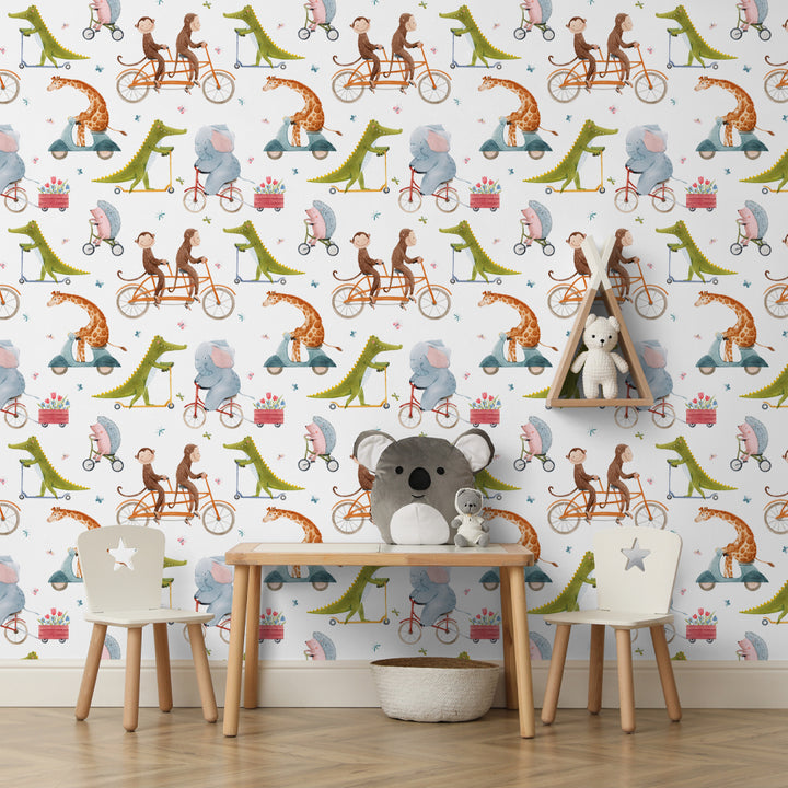 Whimsical wallpaper pattern with elephants, giraffes, and monkeys riding bikes, printed on eco-friendly removable material, ideal for children’s bedroom décor.