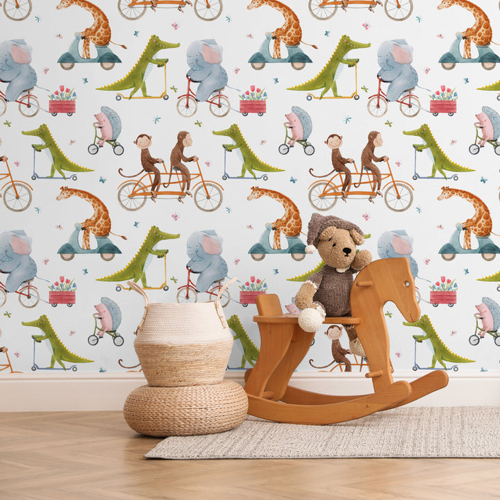 Playful animal wallpaper with watercolor creatures on wheels, perfect for nurseries or playrooms, peel-and-stick or pre-pasted, removable and wall-safe.