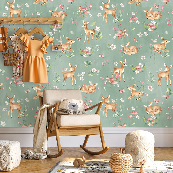 Woodland nursery wallpaper with hand-painted deer, floral accents, and nature illustrations, perfect for gender-neutral nurseries, playrooms, or kid’s bedrooms.