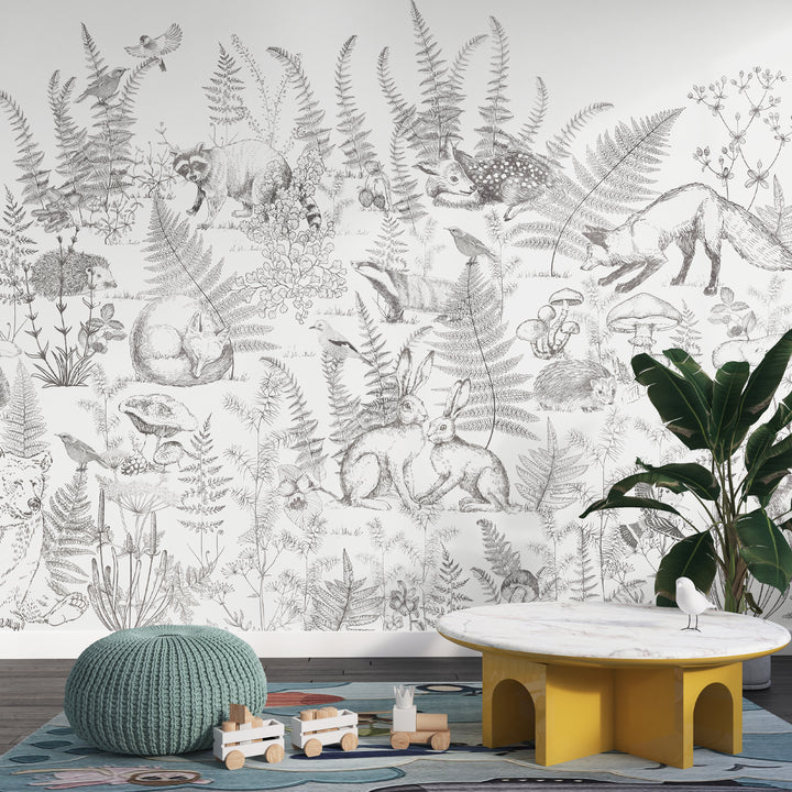 Peel and stick woodland animal wallpaper mural for nursery or kids room.