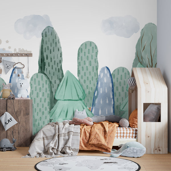 Hand-painted watercolor forest wallpaper in a cozy children's playroom