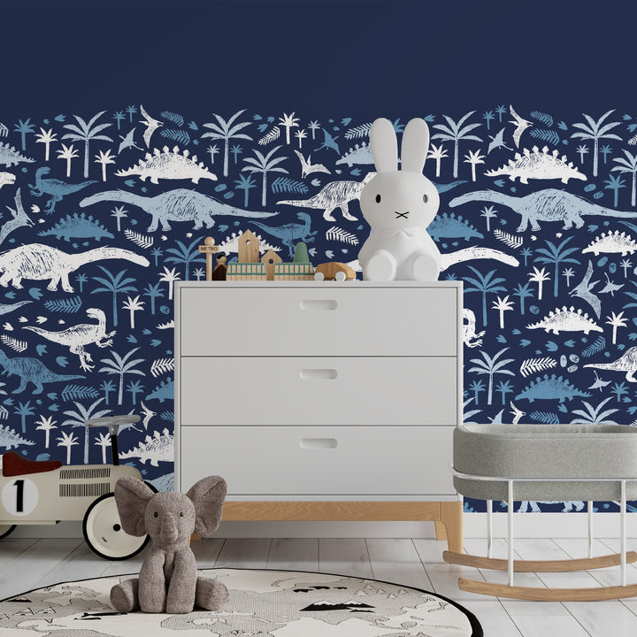 Navy Blue Dinosaur Wallpaper, Removable Peel and Stick, Boy Wallpaper, Modern Boy Nursery Wallpaper, Baby Boy Wallpaper Dino Theme