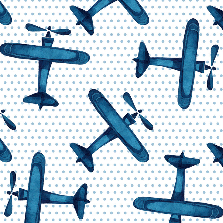 Watercolor airplane nursery wallpaper with soft blue planes in a repeating layout, perfect for toddler rooms and playrooms, removable peel and stick option available.