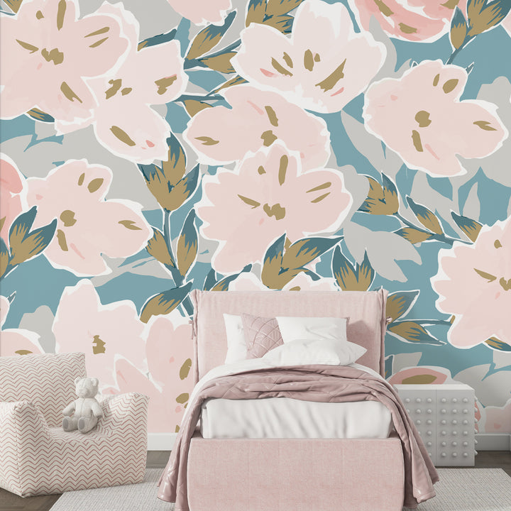 blush floral wallpaper, pink flower peel and stick wallpaper, girls room floral wallpaper, modern nursery wallpaper, oversized floral wall mural, botanical baby girl wallpaper, pastel pink wall décor, watercolor floral wallpaper, floral wallpaper for bedroom, removable flower wallpaper