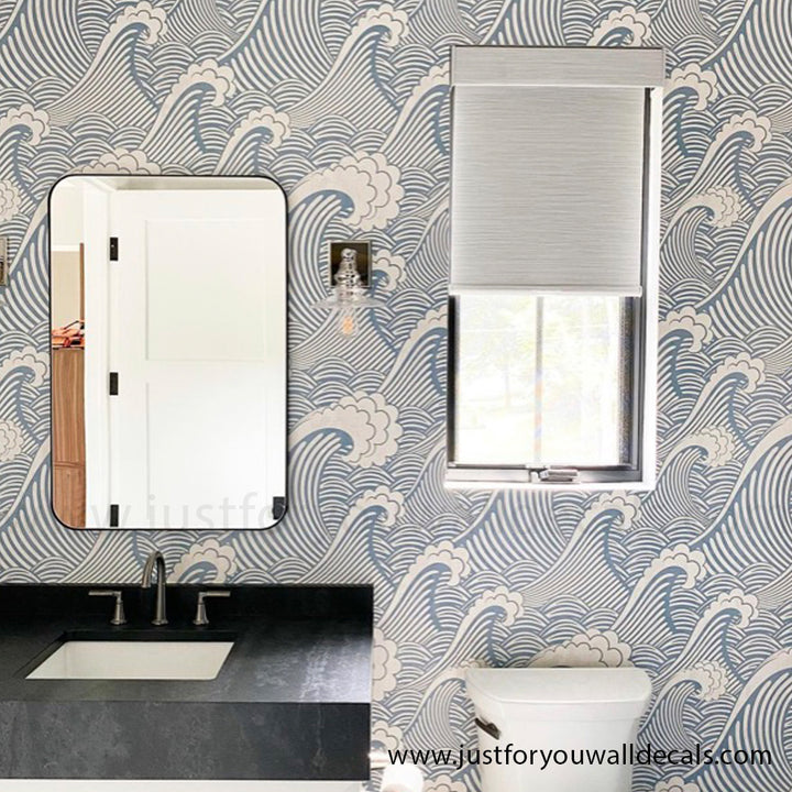 bathroom wallpaper, Contemporary wallpaper featuring repeating ocean wave patterns in soothing blue and white