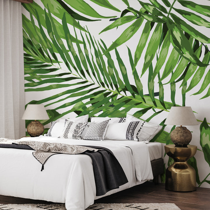 Modern tropical wallpaper featuring green palm leaf pattern on white, eco-friendly, removable, and perfect for statement walls and tropical-inspired rooms.