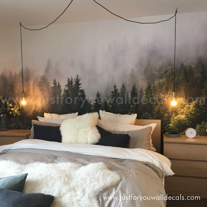 woodland wallpaper, Forest mural wallpaper, Misty pine tree wallpaper, Nature wall mural, Removable forest wallpaper, Evergreen nursery décor, Mountain forest mural, Scenic wall covering, Pine tree wallpaper, Woodland wallpaper, Calm nature wallpaper