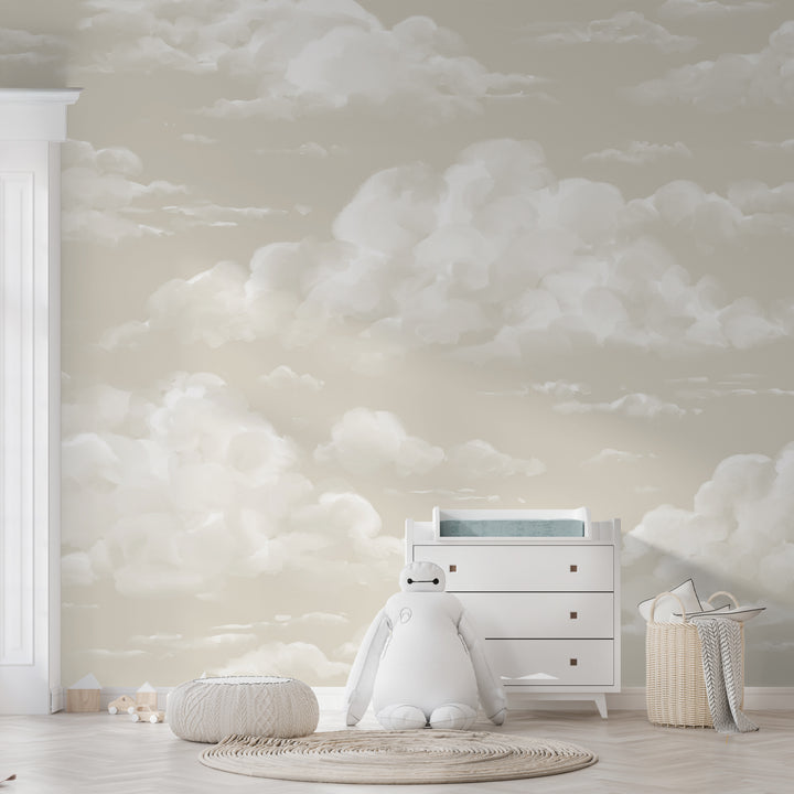 Neutral beige cloud wallpaper mural featuring soft painted clouds on a warm background, available in removable peel and stick or pre-pasted material for easy installation.