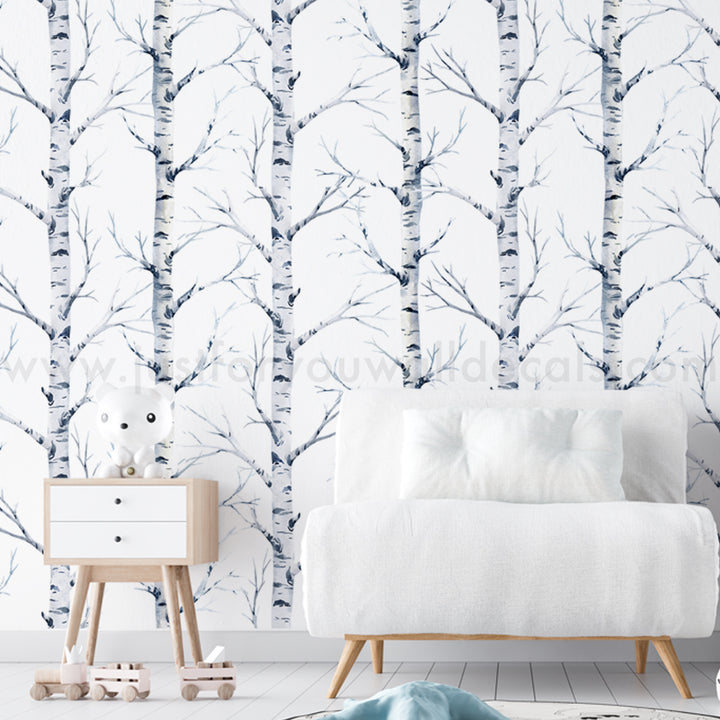 Elegant wallpaper featuring delicate watercolor-style birch tree illustrations.