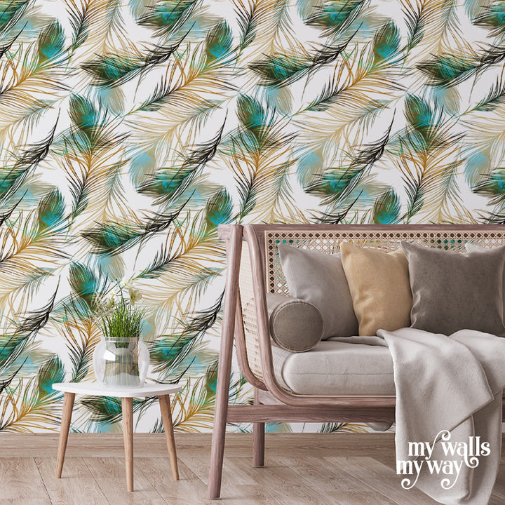 Hand-painted feather wallpaper featuring golden and teal tones on white background, removable peel-and-stick or pre-pasted, ideal for boho or modern interiors.