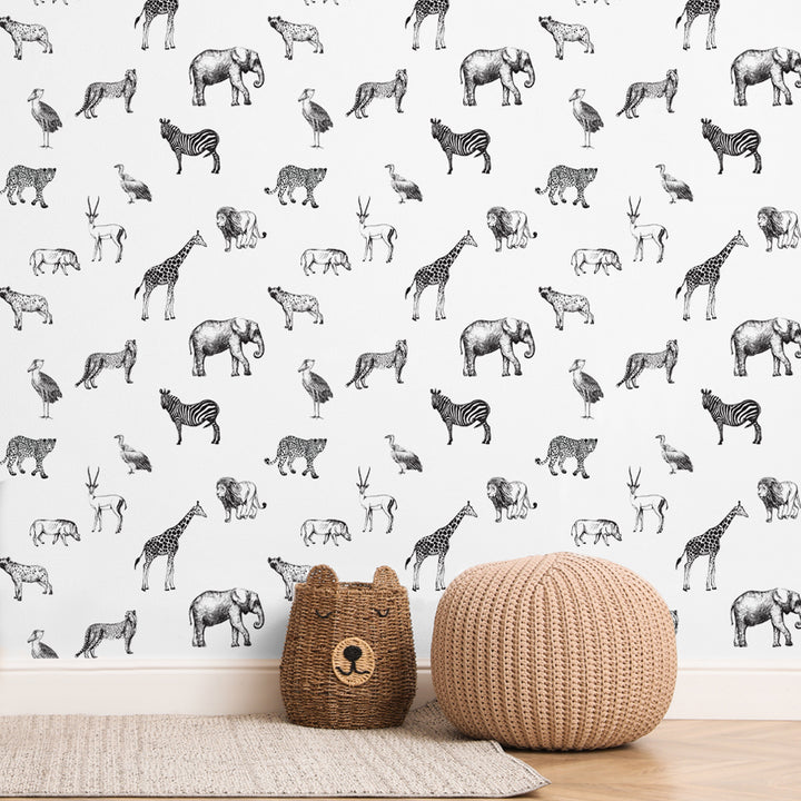 Elegant nursery wallpaper featuring African safari animals drawn in vintage illustration style, removable and damage-free peel-and-stick or pre-pasted wallpaper for modern homes.