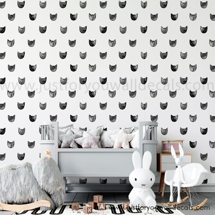 black and white watercolour cat wallpaper, girls room wallpaper, cat wallpaper, peel and stick, pre-pasted wallpaper, removable