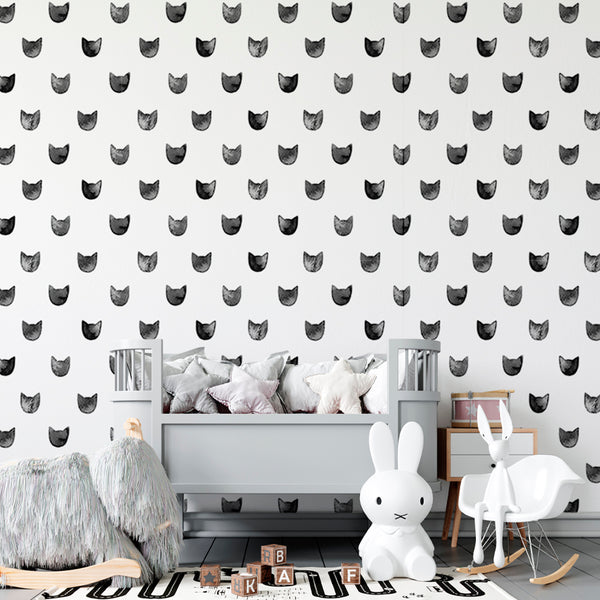 Black and white cat wallpaper featuring repeating watercolor cat heads in a minimalist Scandinavian style, available in removable peel and stick or pre-pasted format.