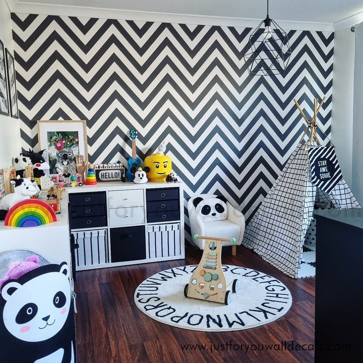 Bold black and white chevron patterned wallpaper for modern interiors, black and white wallpaper, chevron wallpaper, bold wallpaper, modern wallpaper, herringbone wallpaper, peel and stick, removable wallpaper, pre pasted wallpaper