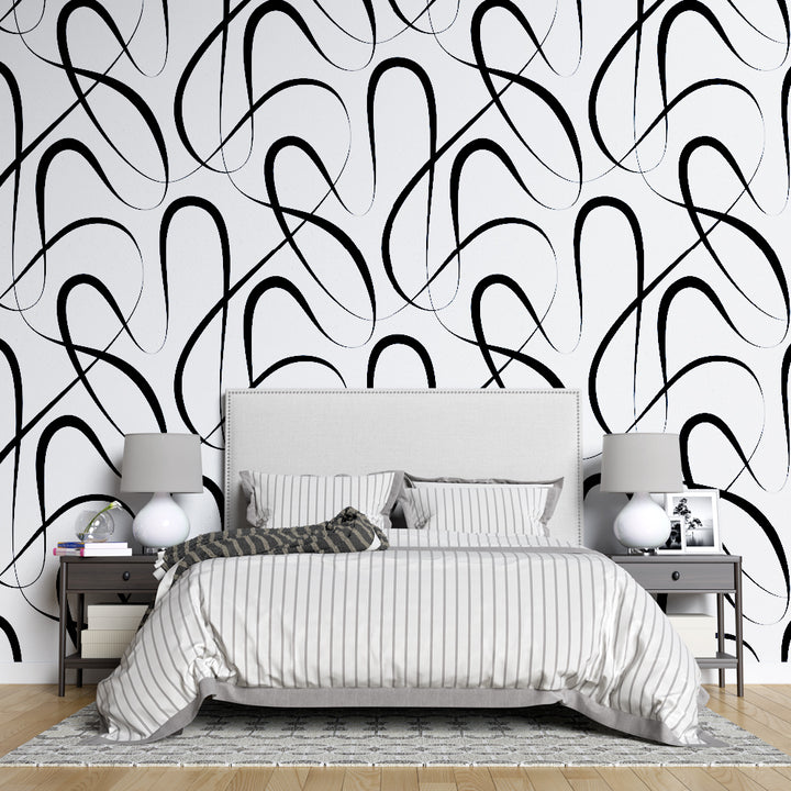 A modern black-and-white wallpaper featuring bold abstract loops and curved line patterns on a clean white background, perfect for contemporary spaces. Black and White Wallpaper, Geometric Peel & Stick Wallpaper, Laundry Room Wallpaper, Pattern Wallpaper Peel Stick, Modern Wallpaper 