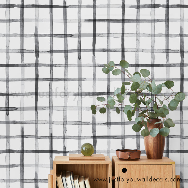 Watercolor grid plaid wallpaper with black and grey brushstroke lines, black and white wallpaper