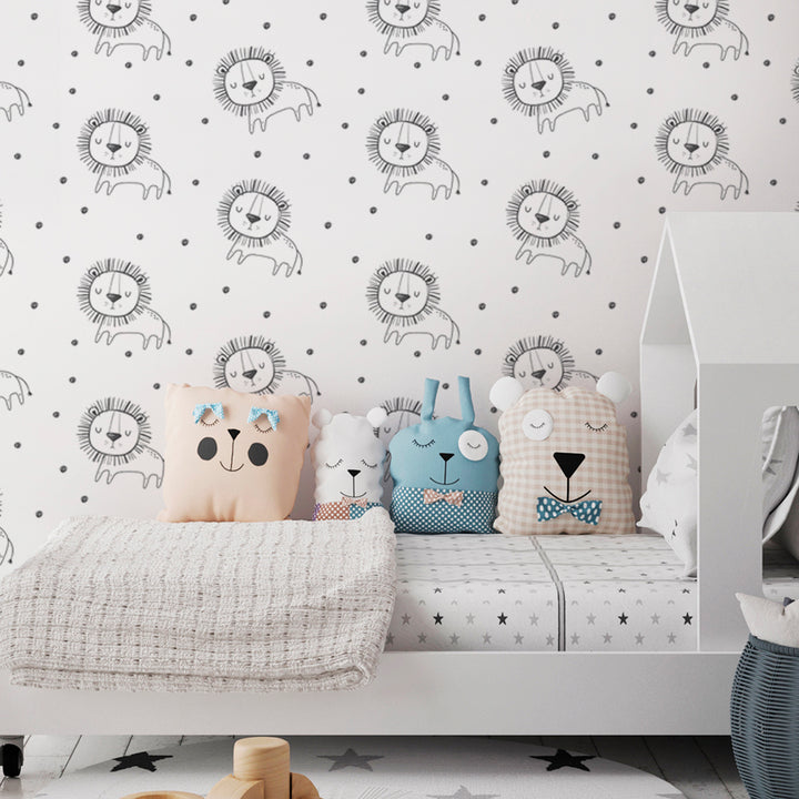 Black and white lion wallpaper featuring hand-drawn cartoon lions and small polka dots in a minimalist Scandinavian style, available in removable peel and stick or pre-pasted.