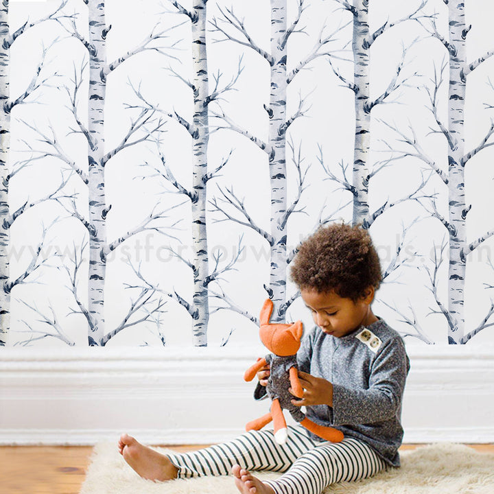 Soft, nature-inspired wallpaper design showcasing slender birch trees.