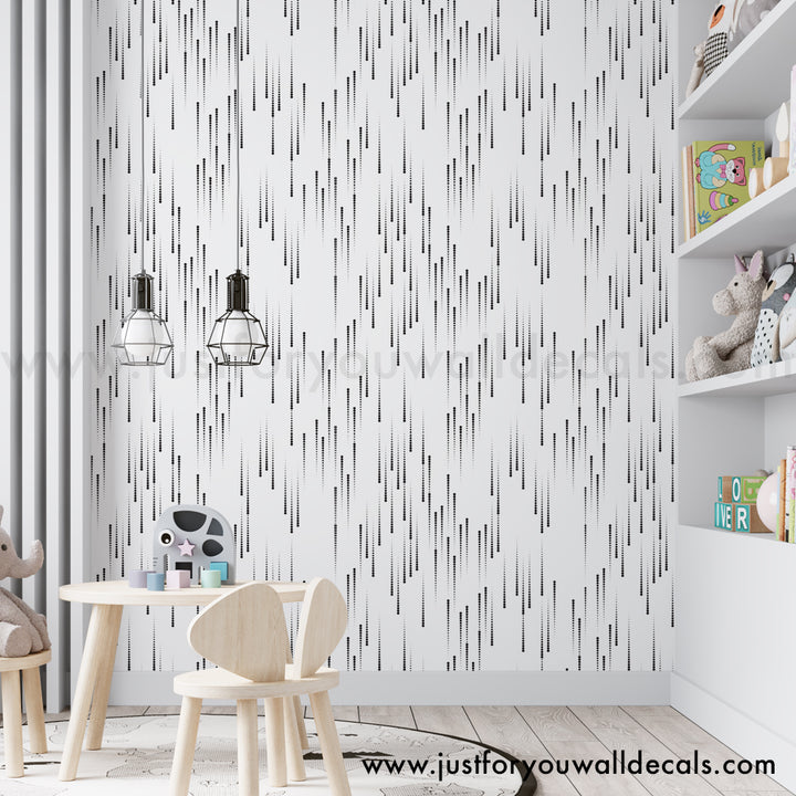 Wallpaper design featuring whimsical cascading vertical dotted lines