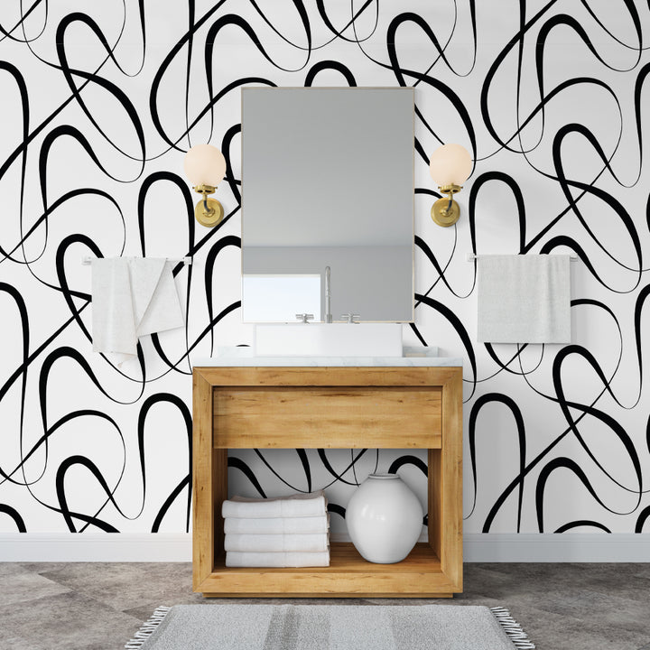 Abstract wallpaper, Modern peel and stick wallpaper, Black and white loops, Contemporary wallpaper design, Curvy wallpaper pattern, Minimalist wallpaper style, Stylish removable wallpaper, Abstract black wallpaper, Looping wallpaper design, Trendy wall decor Minimalist black abstract line art on a white backdrop, creating a striking and elegant wallpaper design for stylish interiors.