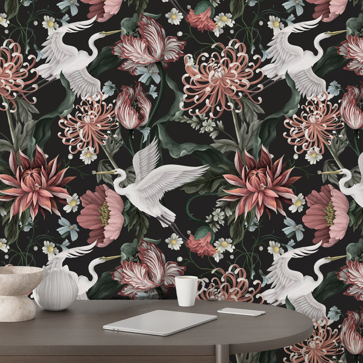 Luxurious floral and bird wallpaper mural with intricate cranes and botanical details on a black backdrop