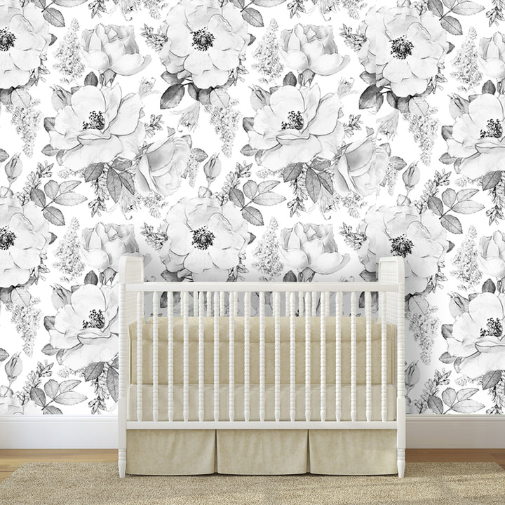 Elegant black and white flower wallpaper with detailed ink-style illustrations, removable and available in peel and stick or pre-pasted options, perfect for modern or classic interior design.