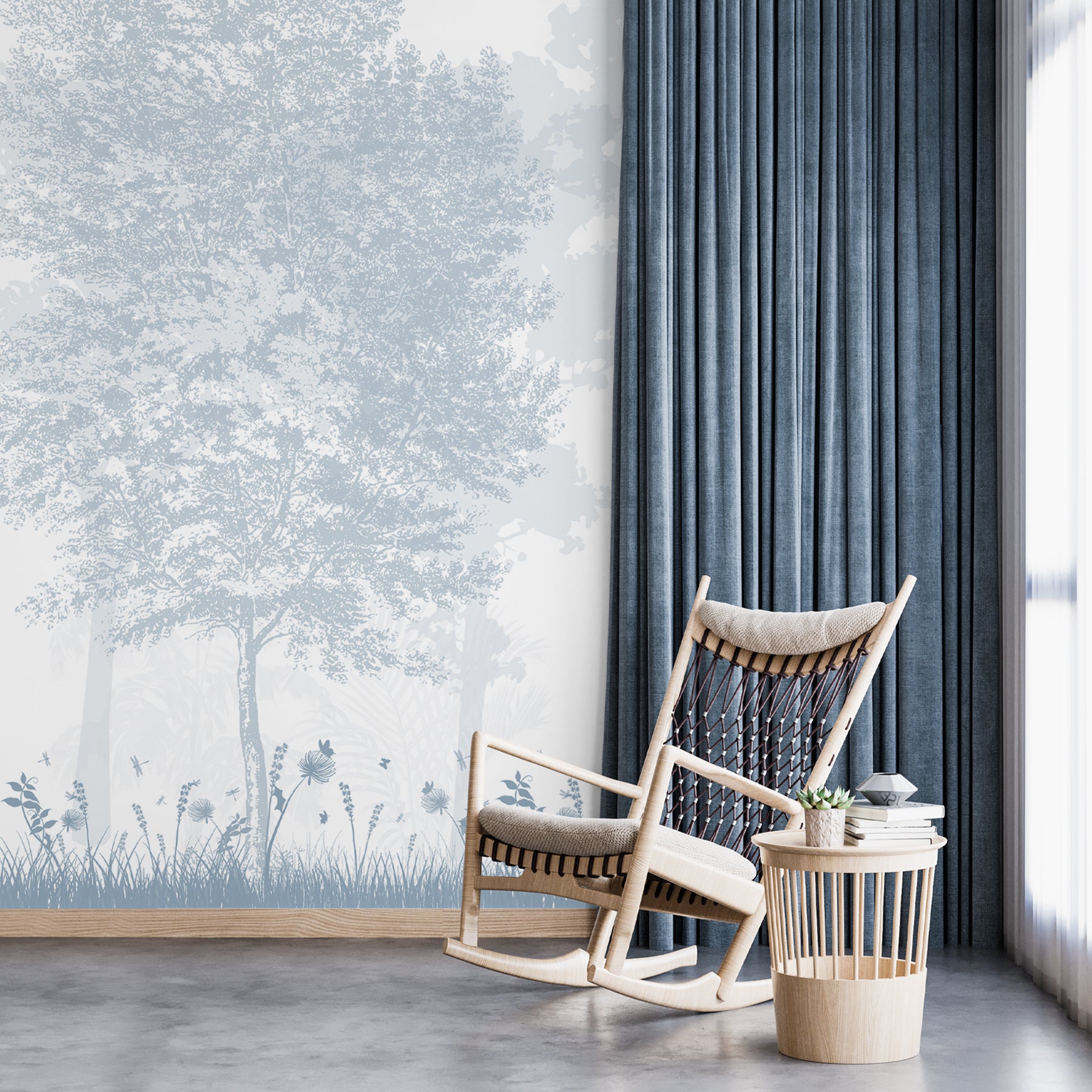 Neutral Forest Tree Wallpaper - Soft Shadow Woodland Mural - Dusty Blu ...