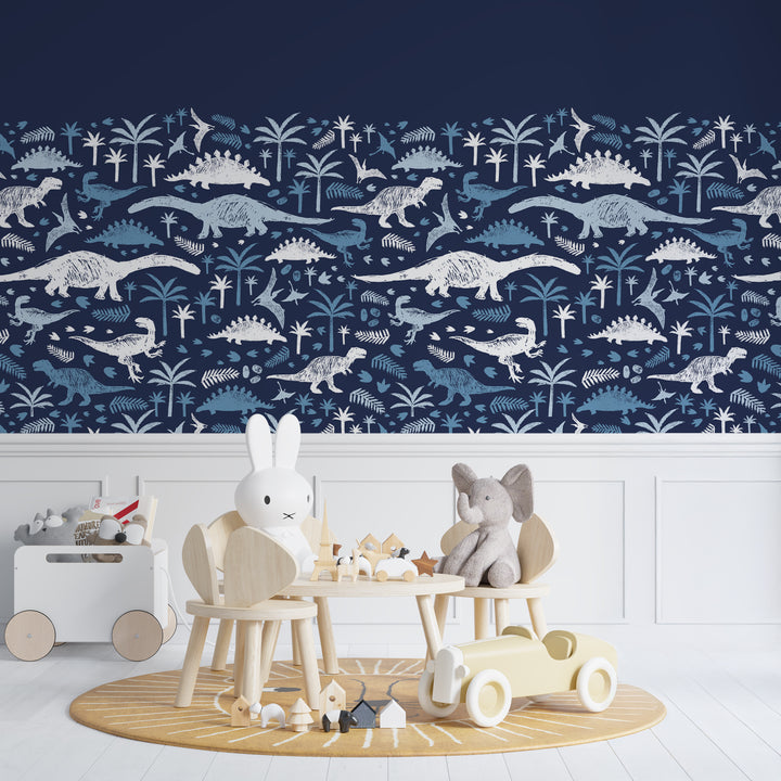 Dinosaur Wallpaper, Dinosaur Peel and Stick Removable Wallpaper, Blue Wallpaper, Boys Room Wallpaper, Baby Boy Wallpaper Mural